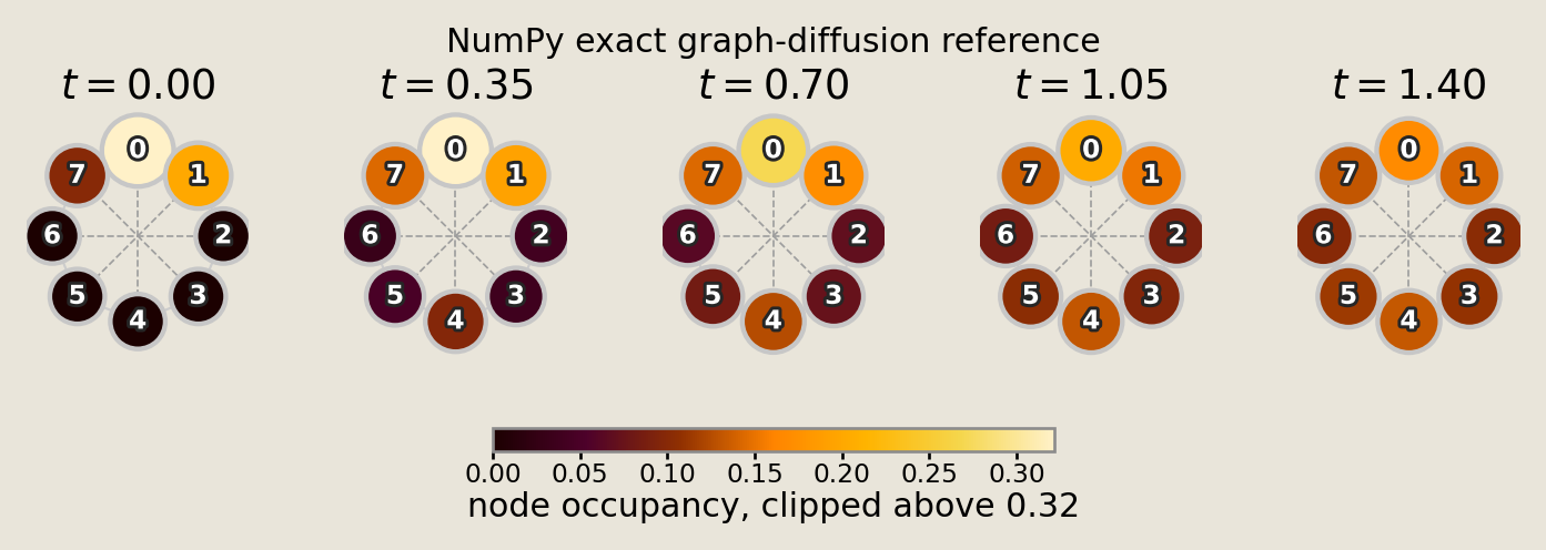Five NumPy exact graph snapshots from t=0 to t=1.4, with node color and size encoding occupancy and a shared color scale clipped above the labeled threshold.