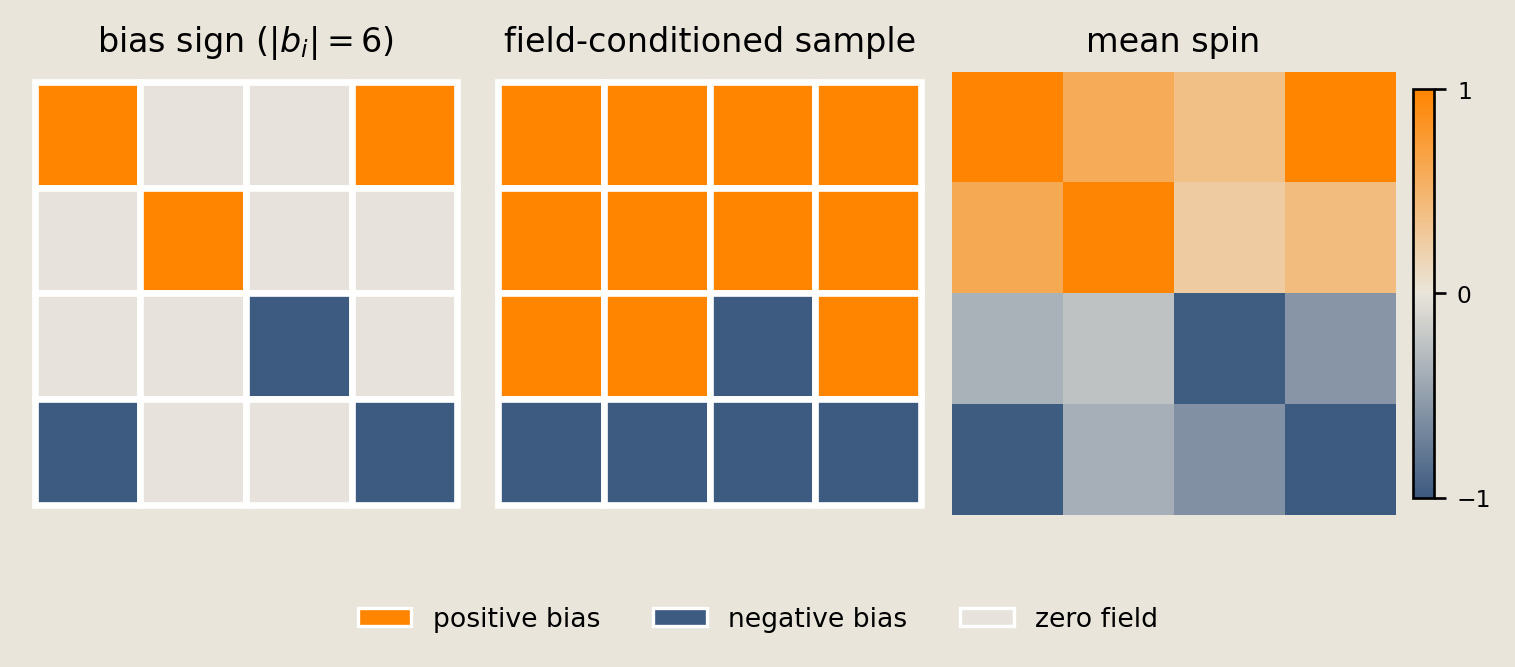 Three 4 by 4 panels showing bias sign and field magnitude, one field-conditioned sample, and mean spin on a minus-one to plus-one color scale.
